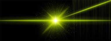 Sarı enerji patlaması. Fişek ışınları ve ek açılı ışınlar. Dijital parçacıklar siyah arkaplanda yayılıyor. Bilimkurgu ateşlemesi, kozmik lazer etkisi öneriyor..