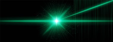 Fişek ışınları ve ek açılı ışınlar ile yeşil enerji patlaması. Dijital parçacıklar siyah arkaplanda yayılıyor. Bilimkurgu ateşlemesi, kozmik lazer etkisi öneriyor..