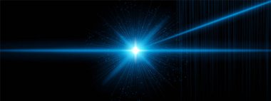 Açısal ışınlar, dikey ışık çizgileri ve dağınık parıltılarla parlayan mavi bir yıldız patlaması. Kozmik sinyali, gelecekçi kaynağı, dijital enerji etkisini sembolize eder.