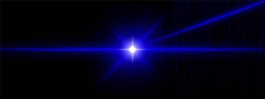 Açısal ışınlar, dikey ışık çizgileri ve dağınık parıltılarla parlayan mavi bir yıldız patlaması. Kozmik sinyali, gelecekçi kaynağı, dijital enerji etkisini sembolize eder.