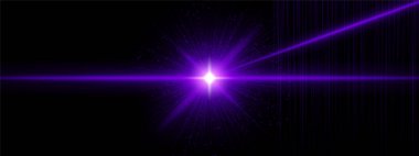 Açısal ışınlar, dikey ışık çizgileri ve dağınık pırıltılarla parıldayan mor bir yıldız patlaması. Kozmik sinyali, gelecekçi kaynağı, dijital enerji etkisini sembolize eder.
