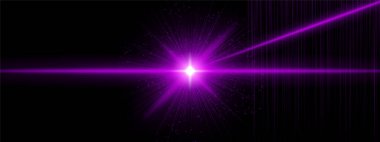 Açısal ışınlar, dikey ışık çizgileri ve dağınık pırıltılarla parıldayan mor bir yıldız patlaması. Kozmik sinyali, gelecekçi kaynağı, dijital enerji etkisini sembolize eder.