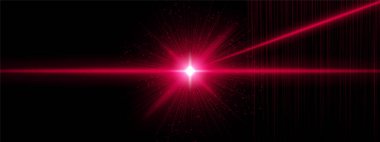 Açısal ışınlar, dikey ışık çizgileri ve dağınık parıltılarla parlayan kırmızı yıldız patlaması. Kozmik sinyali, gelecekçi kaynağı, dijital enerji etkisini sembolize eder.