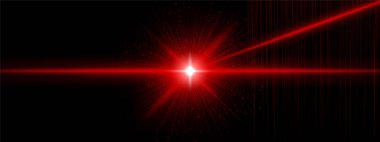 Açısal ışınlar, dikey ışık çizgileri ve dağınık parıltılarla parlayan kırmızı yıldız patlaması. Kozmik sinyali, gelecekçi kaynağı, dijital enerji etkisini sembolize eder.