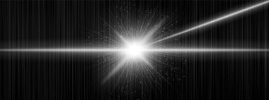 Dikey çizgiler ve açılı ışınla beyaz çekirdek parlıyor, uzayda ışıldıyor. Dijital patlamayı, geleceksel darbeyi, kozmik patlamayı gösterir.