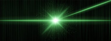 Dikey çizgileri ve açılı ışınları olan yeşil çekirdek parlıyor, uzayda ışıldıyor. Dijital patlamayı, geleceksel darbeyi, kozmik patlamayı gösterir.