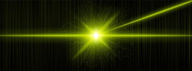 Sarı çekirdek, dikey çizgiler ve açılı ışınla parlıyor. Parıltılar uzayda yayılıyor. Dijital patlamayı, geleceksel darbeyi, kozmik patlamayı gösterir.