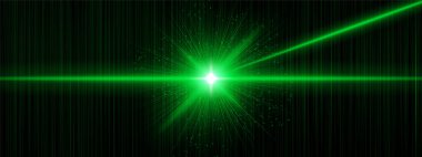 Dikey çizgileri ve açılı ışınları olan yeşil çekirdek parlıyor, uzayda ışıldıyor. Dijital patlamayı, geleceksel darbeyi, kozmik patlamayı gösterir.
