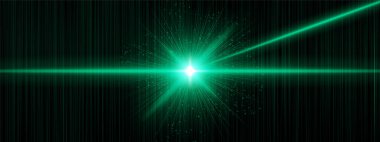 Açılı kirişler ve parlak merkezi alevlerle parlayan siyanür, dikey çizgili arka planda dağınık dijital ışıltılar. Fütürist ışık gücü ve bilim kurgu ateşlemesini temsil eder..