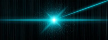 Açılı kirişler ve parlak merkezi alevlerle parlayan siyanür, dikey çizgili arka planda dağınık dijital ışıltılar. Fütürist ışık gücü ve bilim kurgu ateşlemesini temsil eder..