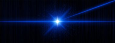 Açılı kirişler ve parlak merkezi parlaklıkla parlayan mavi ışık, dikey çizgili arka planda dağınık dijital ışıltılar. Fütürist ışık gücü ve bilim kurgu ateşlemesini temsil eder..