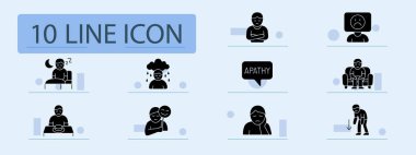 Depresyon ayarlı simge. Uykusuzluk, üzüntü, duyarsızlık, duygusal maske, çaresizlik, yorgunluk, kötü iştah, umutsuzluk, endişe, düşük enerji, depresyon belirtileri..