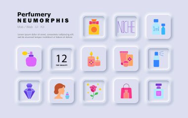 Parfüm seti simgesi. Cam şişe, aroma mumu, çiçek kremi, atom bombası, hediye paketi, gül, nikhe etiketi, test örneği, kadın, kozmetik seti, dekoratif kapak, parfüm sisi..