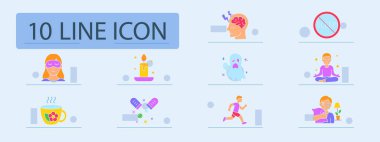 Uyku yardımı ikonu. Uyku maskesi, baş ağrısı, uykusuzluk, meditasyon, çay, mum, hayalet rüyası, koşma, ilaç, üzüntü, gece bakımı, rutin, sakin..