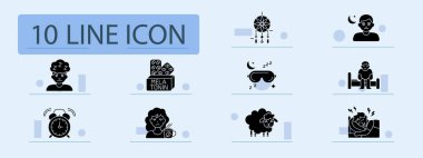 Uykusuzluk ikonu. Uyku bozukluğu, melatonin, düş kapanı, göz maskesi, yorgun insan, üzüntü, çalar saat, bitki çayı, koyun sayma, huzursuzluk, uyku sorunu