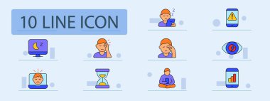 Digital fatigue set icon. Sleeping at monitor, sleepy with phone, warning screen, eye strain, sad laptop face, hourglass, yoga person with phone, phone graphs