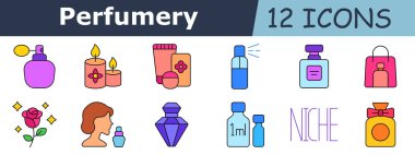 Parfüm seti simgesi. Parfüm şişesi, aroma mumları, kozmetik tüpleri, sprey kutusu, flakon, parfümlü çanta, gül, kadın silueti, elmas şişesi, küçük örnekler, niş etiketi, yay şişesi