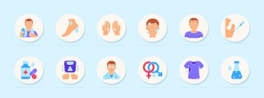 Alerji seti simgesi. Su alımı, kuru burun, eller, yüz reaksiyonu, kas, iğne, hap, kilo değişimi, doktor, cinsiyet ayrımı, ter, laboratuvar testi.