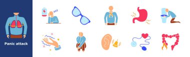 Panik atak ikonu. Nefes darlığı, zayıf pil, yorgunluk, baş dönmesi, göğüs yanması, mide ağrısı, kusma, titreme, korku, kulak çınlaması, kalp atışı, bağırsak yanması, panik etkisi..