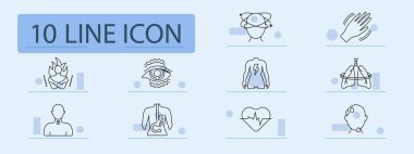 Panic disorder outline set icon. Burnout pose, trembling eye, dizzy head, pain in back, breath problem, freezing, visual distortion, stomach cramps, heartbeat, sweating neck