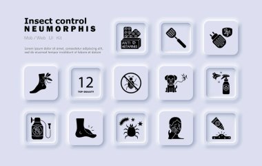 Insect control set icon. Mosquito bite, antihistamine, swatter, bug spray, pet defense, bite rash, irritated skin, stop sign, cream tube, infection mark, allergy pain.