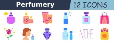 Parfüm seti simgesi. Parfüm şişesi, aroma mumları, kozmetik tüpleri, sprey kutusu, flakon, parfümlü çanta, gül, kadın silueti, elmas şişesi, küçük örnekler, niş etiketi, yay şişesi