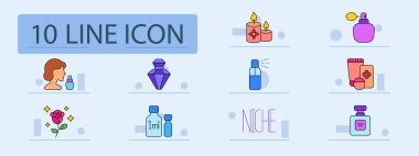 Parfüm seti simgesi. Şişesi, mücevher şişesi, yanan mumları, sprey şişesi, kozmetik seti, gül çiçeği, parfüm örneği, niş etiketi, flakon