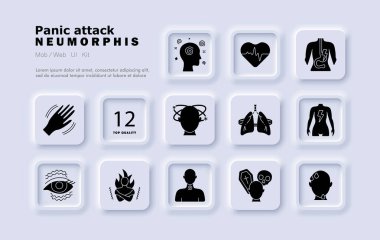 Panik atak ikonu. Titrek el sıkışma, baş dönmesi, hızlı kalp atışı, sindirim ağrısı, akciğer gerilimi, kas gerilimi, göz spazmı, titreme, yanma hissi, kafa karışıklığı, ölüm korkusu, terleme.