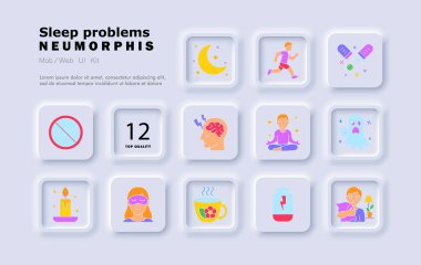 Uyku problemleri ikon oluşturdu. Gece yarısı, koşan adam, uykusuzluk işareti, mum, bitki çayı, baş ağrısı, kabus, meditasyon, beyin stresi, uykulu kadın, enerji şişesi..