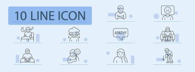 Depresyon monokrom set simgesi. Adam yatakta yatıyor, yağmurda ağlıyor, kapalı poz veriyor, ilgisiz balon, üzgün yüz, koltukta oturan adam, iştahsız, maske takan, yorgunluk, umutsuzluk