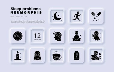Uyku problemleri ikon oluşturdu. Gece ayı, uykusuzluk işareti, meditasyon, koşan adam, hayalet rüyası, beyin ağrısı, sakinleştirici mum, çay, uyku maskesi, yorgun kadın, zayıf enerji şişesi..
