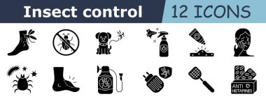 Böcek kontrol simgesi ayarlandı. Sivrisinek ısırığı, yasak böcek, köpek savar, böcek ilacı, krem, deri döküntüsü alerjik reaksiyon, parazit, kene, ayak ısırığı, sprey, sinek kapanı, sprey, antihistaminler.