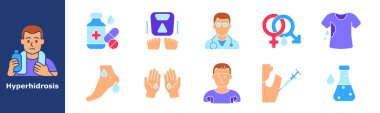 Hiperhidroz ikonu. Terli adam, haplar, titreyen ayaklar, doktor, cinsiyet sembolü, ıslak gömlek, terleyen koltuk altı, avuç içi, erkek figürü, iğne, su damlası, laboratuvar şişesi, aşırı terleme bozukluğu..