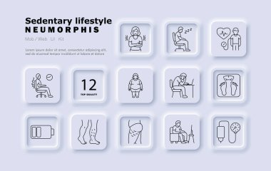 Sabit yaşam biçimi simgesi. Oturan kişi, kötü duruş, yorgunluk, iş stresi, kilo alma, şişme bacaklar, hareketsizlik, kan basıncı, enerji kaybı, kas sorunları.