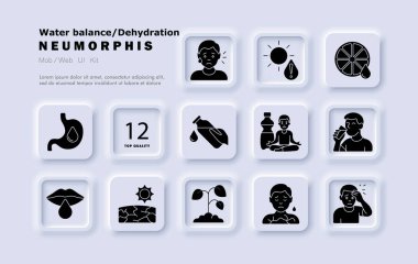 Dehidrasyon siyah set simgesi. Baş ağrısı, yorgunluk, ter, şişe, çatlamış toprak, solmuş bitki, dudaklar, yoga pozu, narenciye, güneşe maruz kalma, kuru vücut, mide..