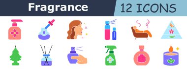 Koku dizisi simgesi. Sabun makinesi, damlatıcı şişesi, kadın profili, parfüm spreyi, kanepe aroması, koku piramidi, oda spreyi, kamış yayıcı, şişeli el, tetik spreyi, flakon, aroma mumu.