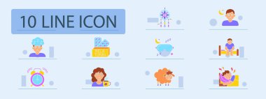 Uyku bozukluğu ikonu. Yorgun insan, melatonin, düş kapanı, uykusuzluk, uyku maskesi, uyku zamanı, alarm, yorgunluk, kahve, koyun, huzursuz uyku, programlama.