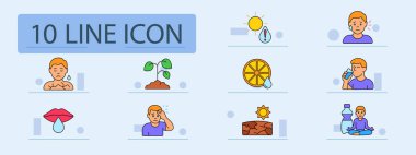 Su dengesi simgesi. Terli göğüs, sıcak güneş, uyarı damlası, susuz adam, portakal dilimi, içen adam, kuru dudaklar, bitki, baş ağrısı, çatlak zemin, şişe ve meditasyon.