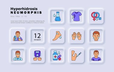 Hiperhidroz ikonu. Aşırı ter, el, ayak, koltuk altı, ıslak giysiler, rahatsızlık, doktor, haplar, iğne, endişe, yüz terleme, tedavi, tıbbi bakım.