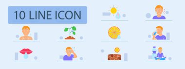 Sıvı kaybı simgesi. Kuru cilt, sıcak, susuzluk, çatlamış toprak, narenciye, kuru dudaklar, yorgun insan, su şişesi, solmuş bitki, baş ağrısı, sıvı kaybı, su kaybı sorunu.