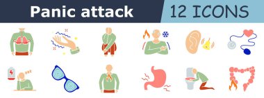 Panik atak ikonu. Solunum sorunu, ışıl ışıl el, çömelmiş vücut, sıcak soğuk kontrast, kulak hassasiyeti, kalp monitörü, yorgun adam, baş dönmesi, göğüs alevi, göz tansiyonu, mide ağrısı, kusma, kolon sorunu