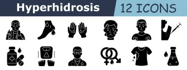 Hiperhidroz ikonu. Şişeli adam, terleyen ayak, damlalı eller, terli yüz, ıslak gömlek, koltuk altı enjeksiyonu, ilaç, titreyen bacaklar, doktor, cinsiyet sembolleri, ıslak elbiseler, laboratuvar şişesi.