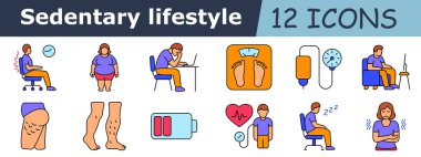 Sabit yaşam biçimi simgesi. Sandalyeye oturma, omurga ağrısı, aşırı kilo, masadaki adam, pullar, serum, basınç monitörü, kanepedeki adam, selülit, varisli bacak, düşük pil, kalp kontrolü, uykulu, vücut gerilimi