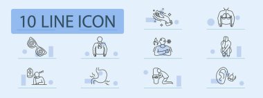 Hastalık belirtileri simgesi. Baş dönmesi, uyuşukluk, akciğer ağrısı, üşüme, mide bulantısı, yorgunluk, mide ağrısı, halüsinasyon, tinitus, zayıflık, rahatsızlık, enfeksiyon, sağlık sorunu.