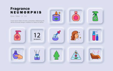 Koku dizisi simgesi. Parfüm spreyi, aroma mumu, kozmetik şişesi, oda parfümü, yağ damlası, koku, üçgen notlar, aroma ağacı, yayıcı, konfor..