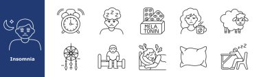 Uykusuzluk ikonu. Yorgun adam, çalar saat, uykusuzluk, melatonin kutusu, kahve kupası, koyun, düş kapanı, yatak, uyku ağrısı, yastık, uyuşuk öğrenci, zihinsel yorgunluk, gece sorunları.