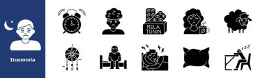 Uykusuzluk ikonu. Üzgün kişi, çalar saat, bulutlu adam, melatonin kutusu, kahve fincanı, koyun, düş kapanı, yatakta oturan, uyku ağrısı, yastık, yorgun öğrenci, uykusuz gece.
