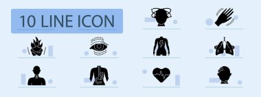 Hastalık belirtileri simgesi. Ateş, göz seğirmesi, baş dönmesi, akciğer rahatsızlığı, titreyen el, mide ekşimesi, göğüs ağrısı, terleme, boyun ağrısı, zayıflık..