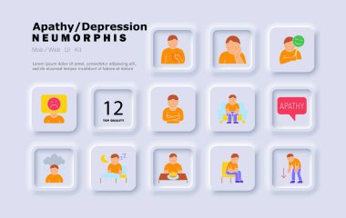 Duyarsızlık simgesi oluşturuldu. Maskeli duygular, üzüntü, yorgunluk, gece uykusu, bulut gözyaşları, kötü iştah, konuşma balonu, izolasyon, yorgunluk, düşük motivasyon, oturma şekli.