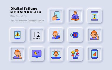 Dijital yorgunluk renk seti simgesi. Mavi ışık, telefon kullanımı, uykulu kullanıcı, tıkırtı, aşırı yükleme, alarm, çizelge, sohbet, göz basıncı, stres, ekran zamanı.